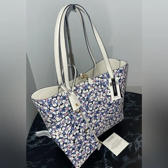 LAUREN RALPH LAUREN Bag Leather Print Tote Purple Vanilla/Breeze Floral w Pouch - Picture 2 of 14